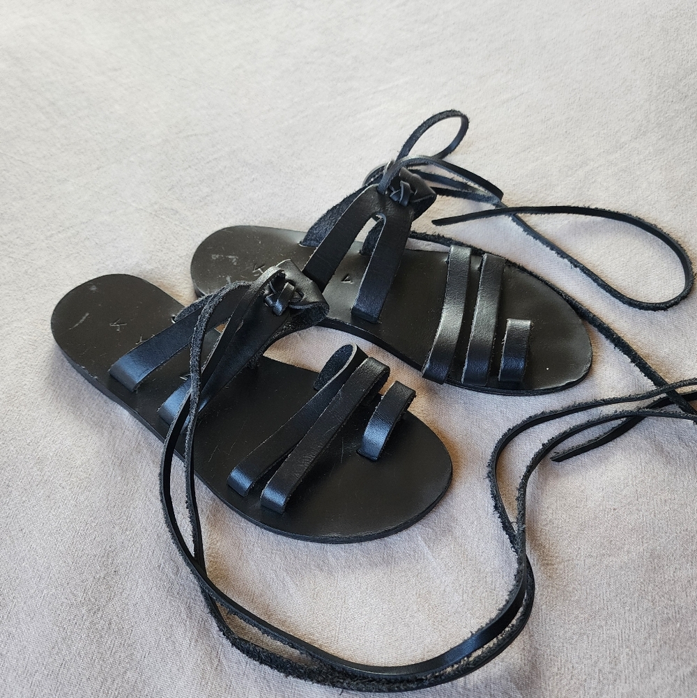 Greecian Black Leather Wrap Sandals KYMA